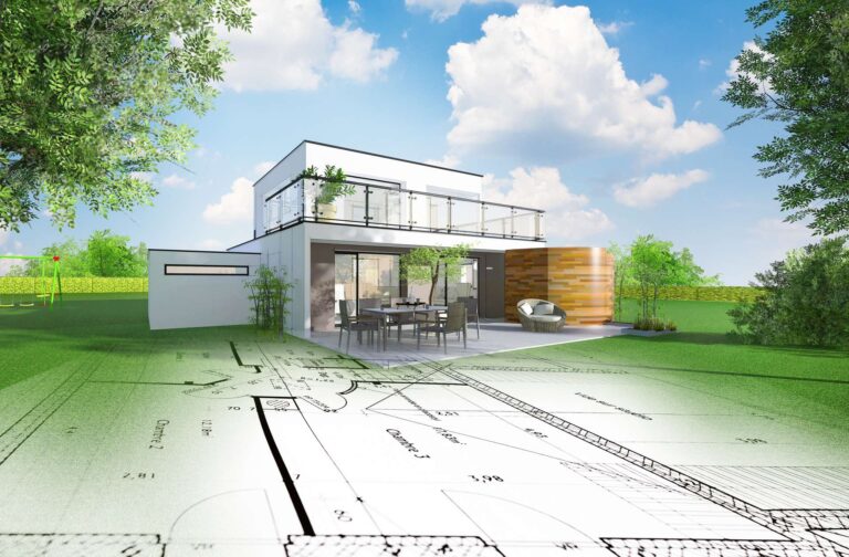 Architektenplan eines modernen Hauses mit Garten