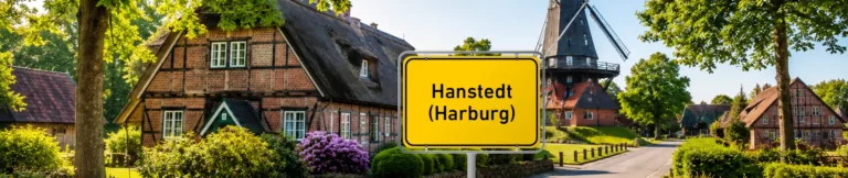 Ortsschild Hanstedt vor Fachwerkhäusern und Kirche