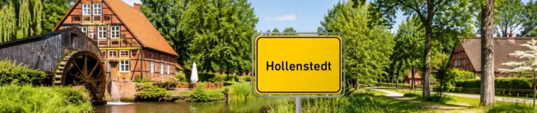 Ortsschild von Hollenstedt mit Fachwerkhaus im Hintergrund