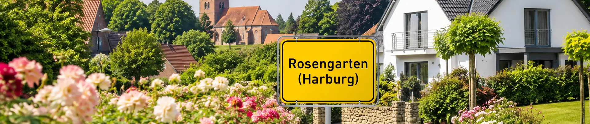 Ortsschild von Rosengarten vor Häusern und Gärten