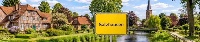 Ortseingangsschild Salzhausen mit Fachwerkhäusern im Hintergrund