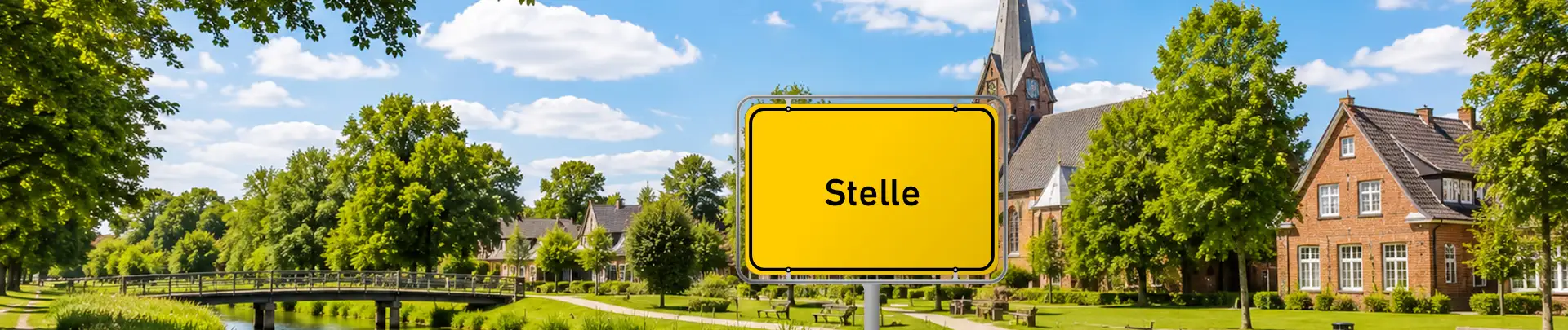 Ortsschild Stelle vor ländlicher Kulisse