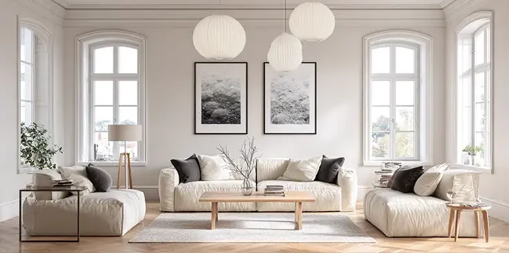 Helles Wohnzimmer mit weißen Sofas und großen Fenstern